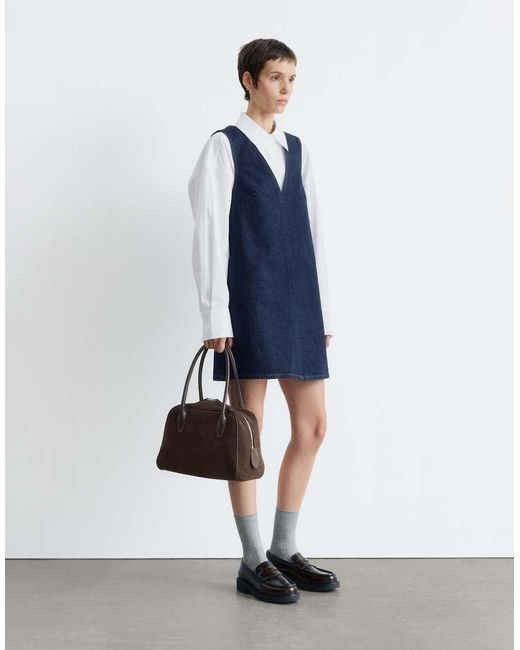 & Other Stories Blue Stretch Denim V-neck Mini Dress With Front Seam