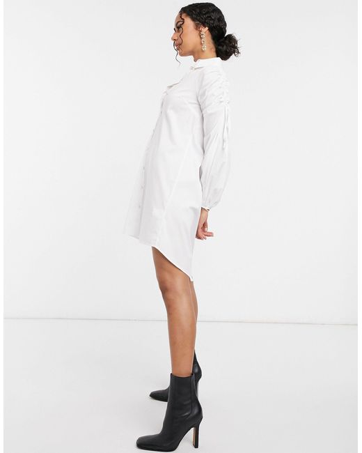 River Island White Ruched Sleeve Poplin Mini Shirt Dress