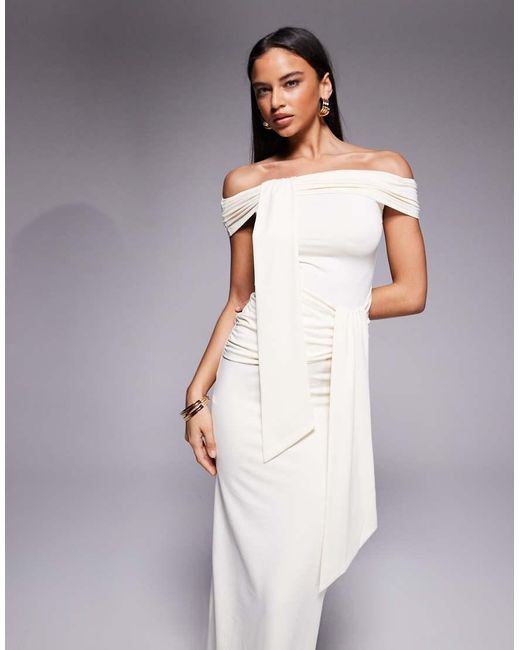 The Frolic White Exclusive Slinky Bardot Drape Detail Maxi Dress
