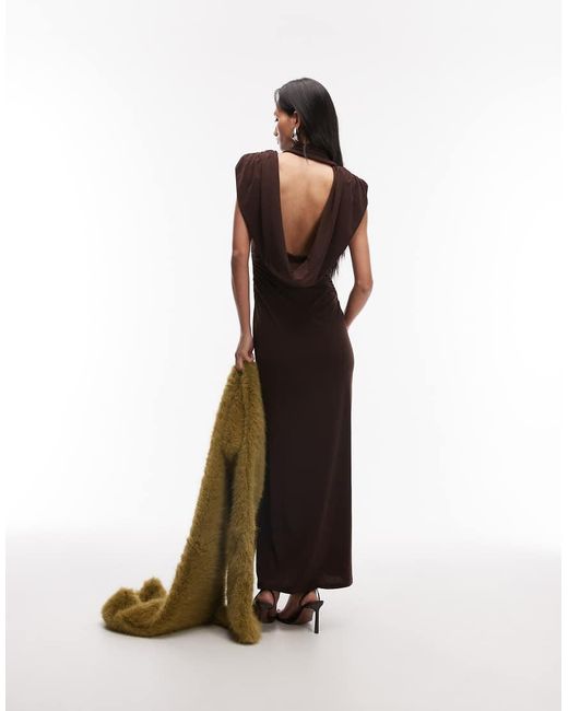 ASOS Brown Slinky Scarf Neck Structured Shoulder Maxi Dress With Cowl Back