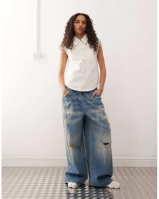 Monki Smal Overhemd Met Kapmouwtjes En Ronde Zoom in het White