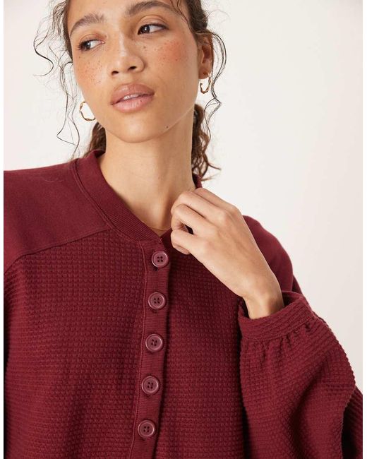 ASOS Red Long Sleeve Waffle Henley With Puff Sleeve Detail