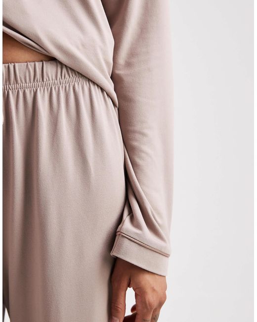 Loungeable Tall Natural Super Soft Jersey Revere Top And Wide Leg Pyjama Pants Set With Piping Detail