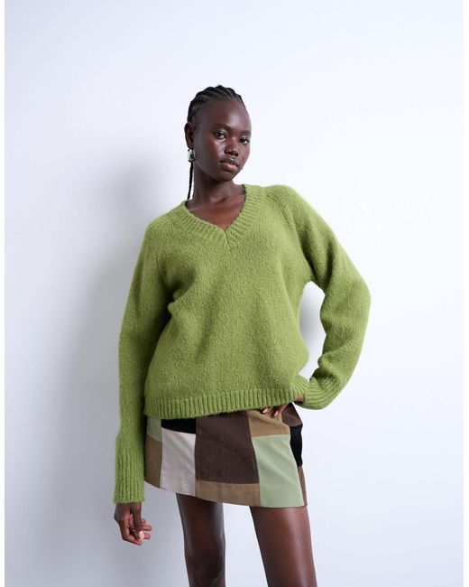 TOPSHOP Green Knitted Wool Blend Fluffy V Neck Jumper