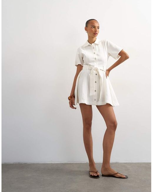 TOPSHOP White Denim Shirt Belted Mini Dress
