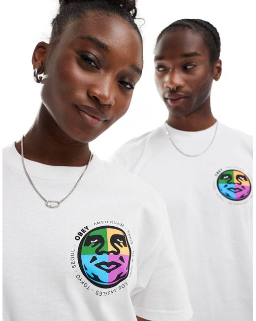 T-shirt bianca unisex con stampa di città di Obey in White