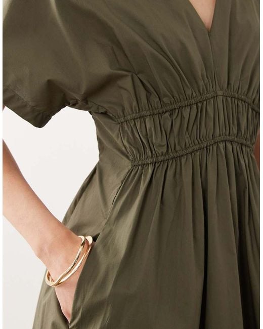 Mango Green V Neck Cinched Waist Midi Dress