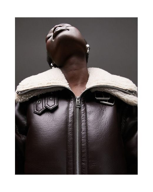 TOPSHOP Black Faux Leather Shearling Zip Front Oversized Aviator Jacket With Double Collar Detail