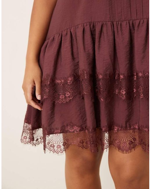 ASOS Purple Asos Design Curve Cami Tiered Ruffle Lace Detail Satin Mini Dress
