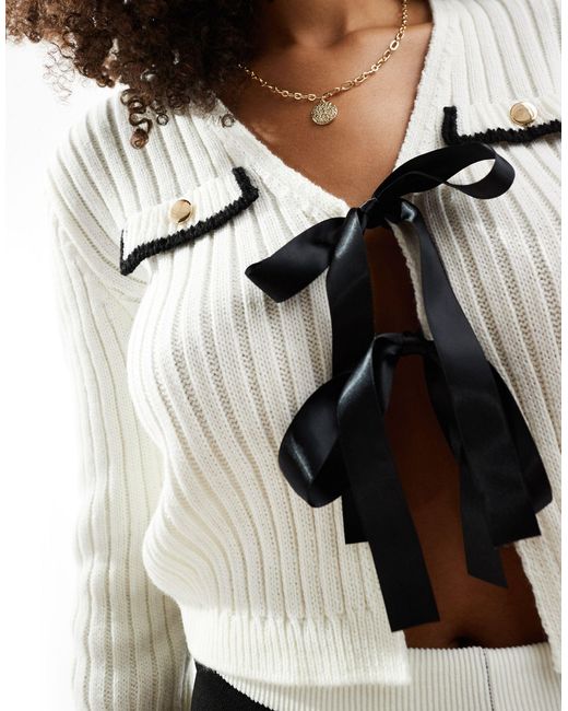 Miss Selfridge White Bow Tie Detail Rib Knit Cardigan