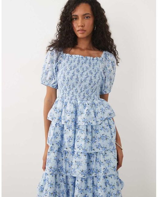 Y.A.S Blue Ditsy Floral Puff Sleeve Ruffle Maxi Dress