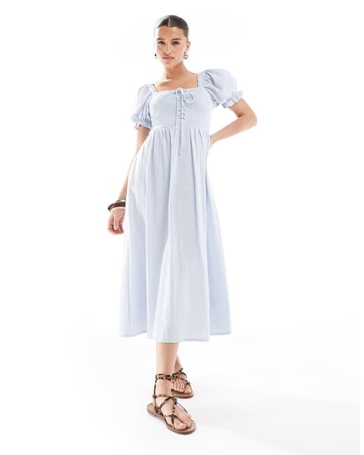 New Look White Shirred Tie Front Midi Dress