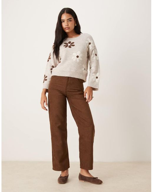 Brave Soul Natural Crew Neck Knitted Jumper With Flower Detail