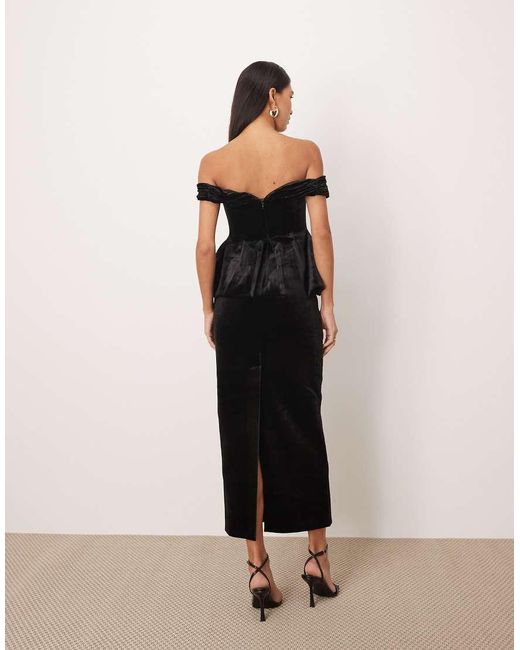 ARRANGE Natural Velvet Off Shoulder Maxi Dress With Ruched Bodice And Column Skirt