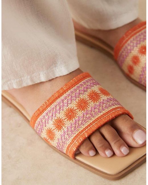 ASOS Natural Fig Square Toe Flat Mule Sandals With Embroidery