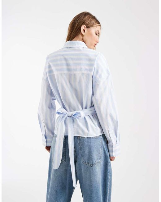 & Other Stories Blue Cotton-rich Front Tie Ruched Wrap Shirt