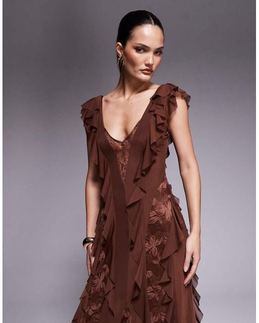 AFRM Brown Trista Lace Insert Ruffle Maxi Dress