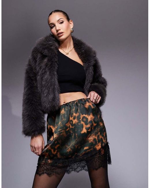 River Island Gray Satin Mini Skirt With Lace Trim