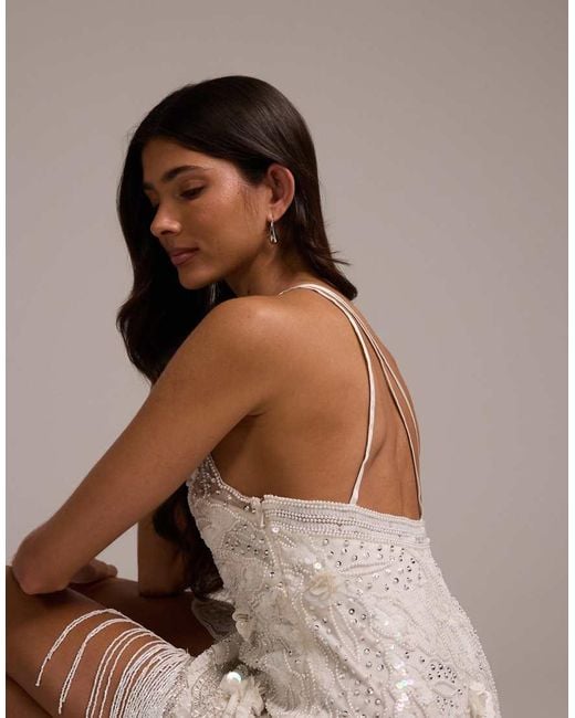 ASOS Brown Embellished One Shoulder Cutwork Midi Dress With Asymmetric Fringe Hem