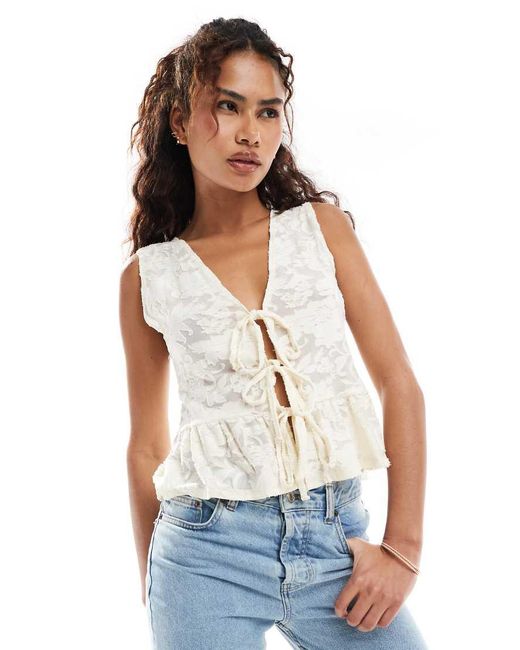 Miss Selfridge White Lace Sleeveless Tie Front Top