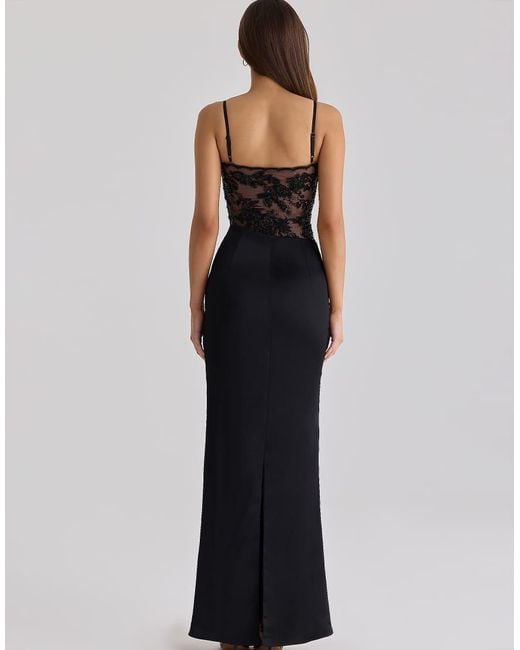 House Of Cb Blue Eliette Embellished Lace + Satin Maxi Dress
