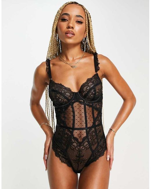 Ann Summers Black Sweetheart Lace And Spot Mesh Underwired Bodysuit With Lace Frill Strap Detail