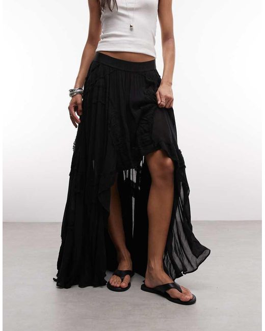 AllSaints Black Dorina Ruffle Lace Midi Skirt