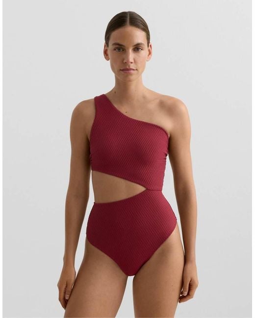 Oysho Red Mini Check Jacquard Asymmetric Trikini