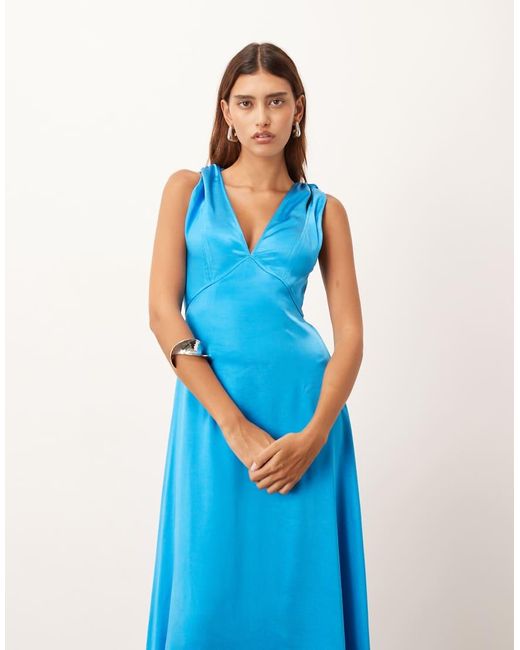 ARRANGE Blue Satin Square Cut Maxi Dress With Twist Shoulder