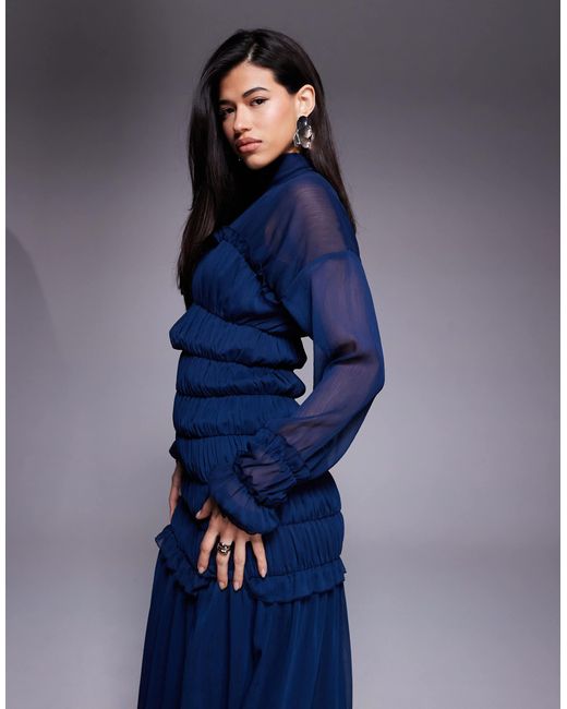 DASKA Chiffon High Neck Shirred Bodice Maxi Dress in Blue