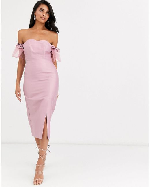 True Decadence Pink Off Shoulder Midi Dress With Statement Organza Sleeve