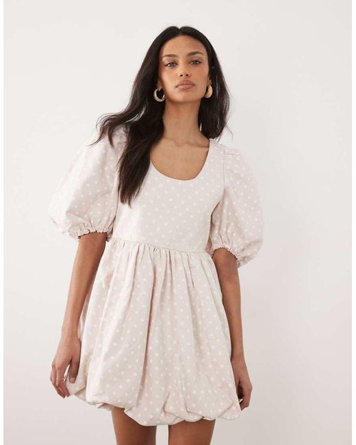 Sister Jane Natural Denim Polka Dot Puff Sleeve Bubble Hem Mini Dress