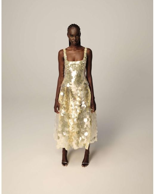 ARRANGE Natural Embellished Disc Sequin Square Neck Full Skirt Midi Dress