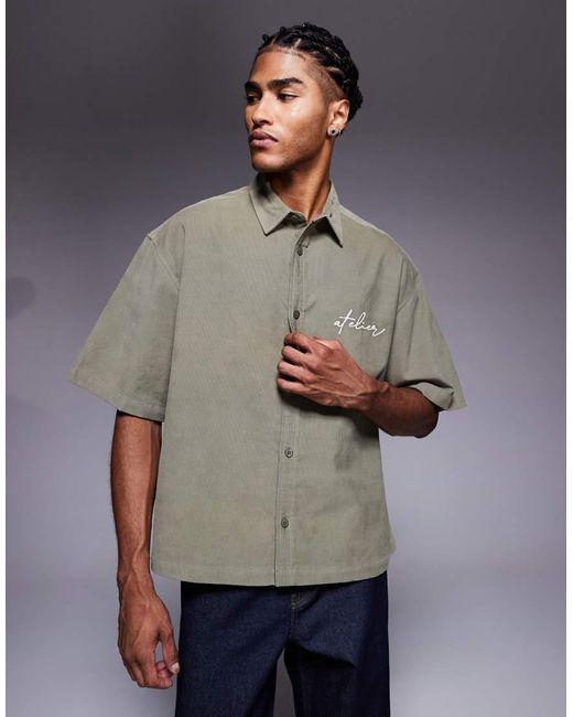 Camisa De Corte Cuadrado Extragrande Con Bordado En El Pecho De Pana De -Verde ASOS de hombre de color Gray