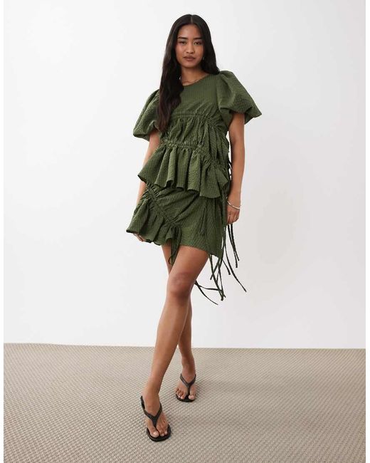 Ghospell Green Ruched Asymmetric Hem Floaty Top Co-Ord