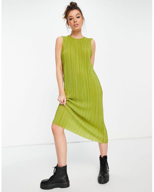 Monki Bina Plisse Midi Dress in Green | Lyst Canada