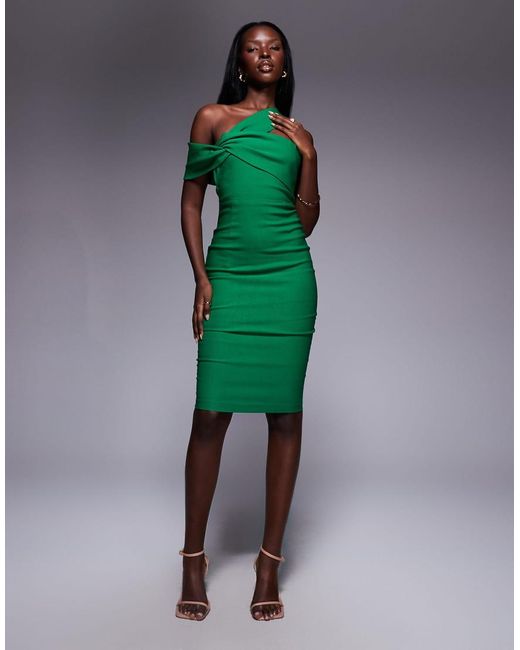 Vesper Green Bardot Twist Strap Boycon Midi Dress