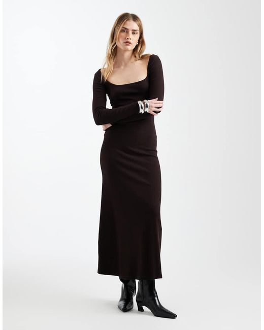 ASOS Natural Ribbed Square Neck Maxi Dress