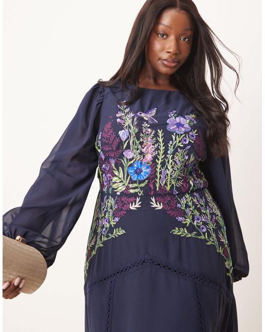 Hope & Ivy Plus Embellished High Neck Midi Dress With Blouson Sleeves in  Blue | Lyst