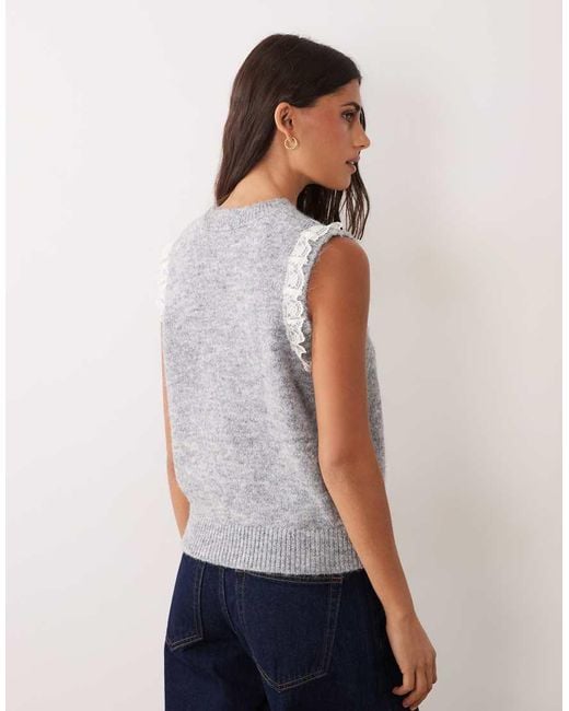 New Look Gray Lace Trim Knitted Vest