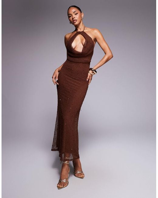 ASOS Purple Crochet Sequin Halter Maxi Dress With Cut Out
