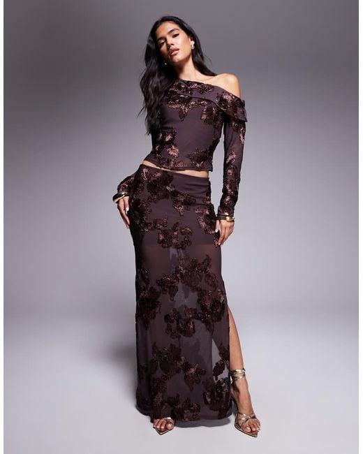 Kaiia Purple Exclusive Textured Floral Asymmetric Fallen Shoulder Long Sleeve Top Co-Ord
