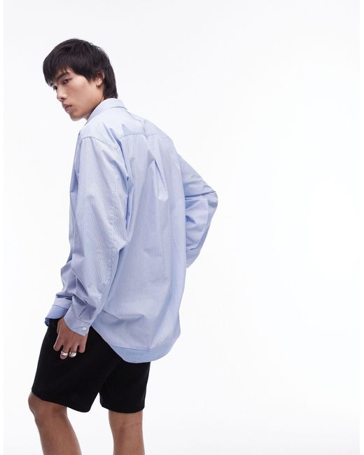 Chemise oversize à manches longues en tissu rayé double épaisseur Topman pour homme en coloris Blue