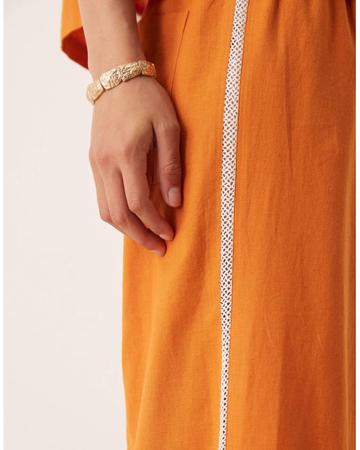 ASOS Orange Linen Blend Pull On Wide Leg Trousers With Contrast Trim Co-ord