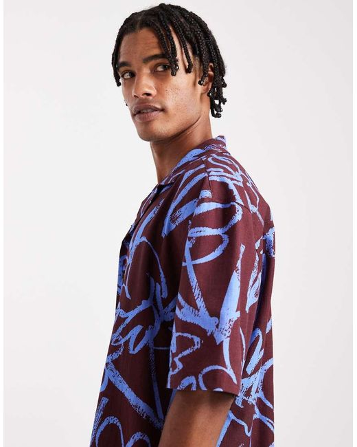 Camicia Con Rever Vestibilità Comoda Bordeaux A Fiori di ASOS in Blue da Uomo