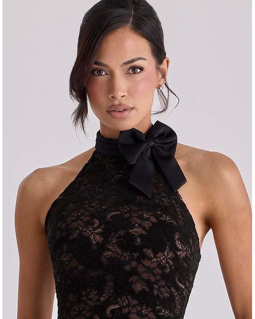 House Of Cb Black Natalya Lace High Neck Mini Dress With Detachable Bow