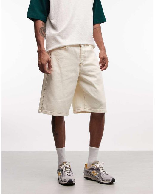 Liquor N Poker Natural Side Stud Detail Denim Jorts for men