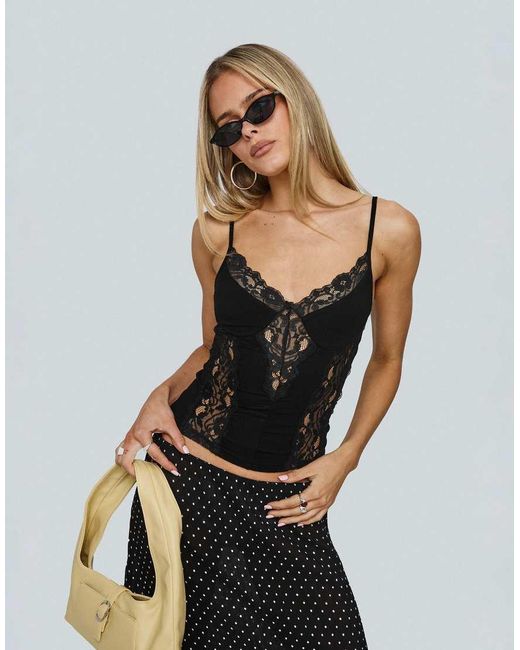 Princess Polly Black Rhiara Jersey All Over Lace Detail Cami Top