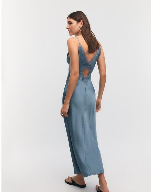 Stradivarius Blue Satin Midi Dress With Lace