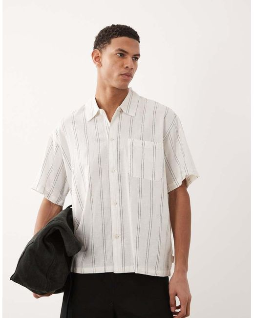 Jack & Jones White Linen Blend Cropped Short Sleeve Stripe Shirt for men